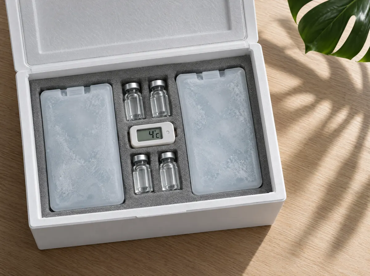 Insulated cold-chain delivery box with ice packs and peptide vials at 4 °C